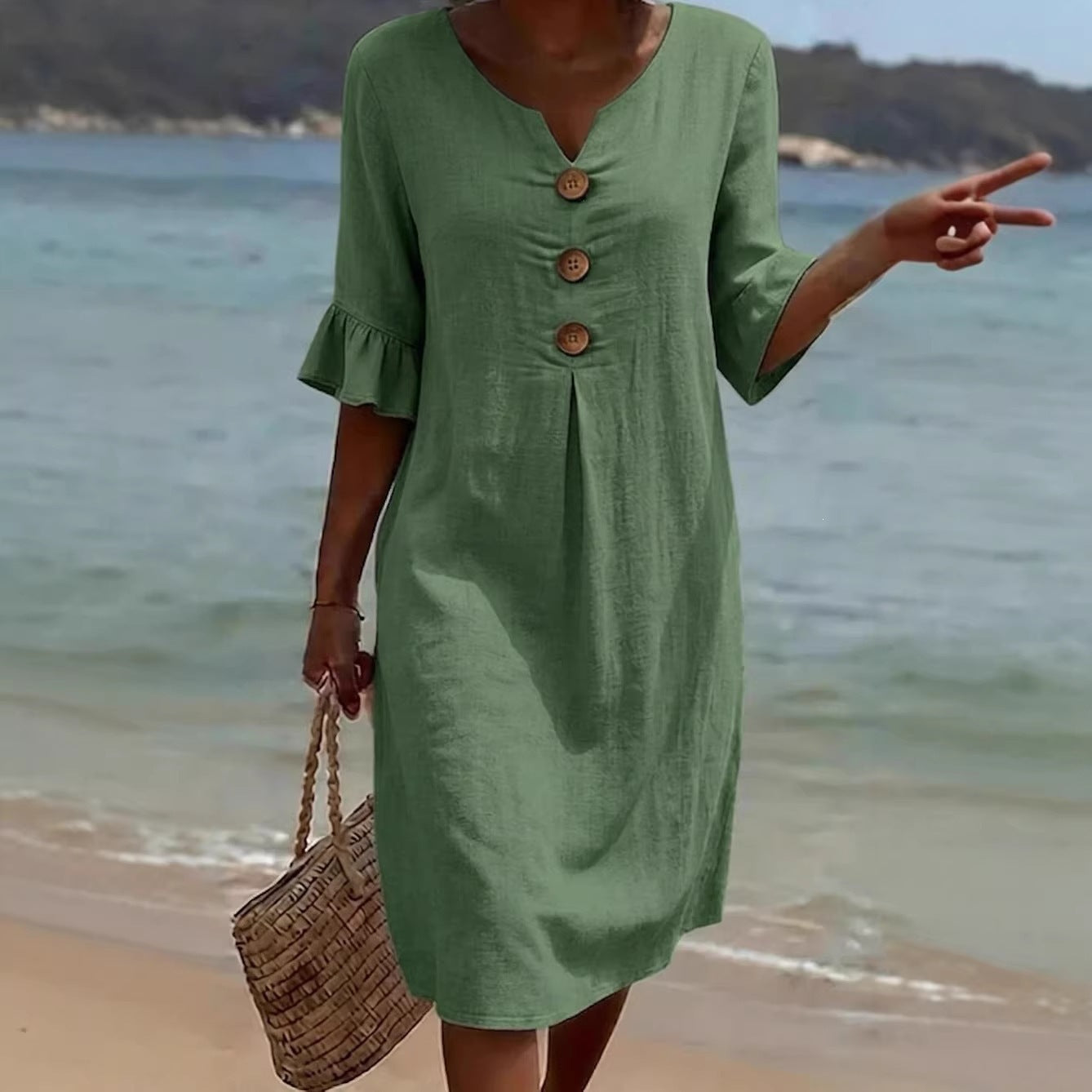 Women's Cotton Linen Large Buttons Ruffle Sleeve Dress