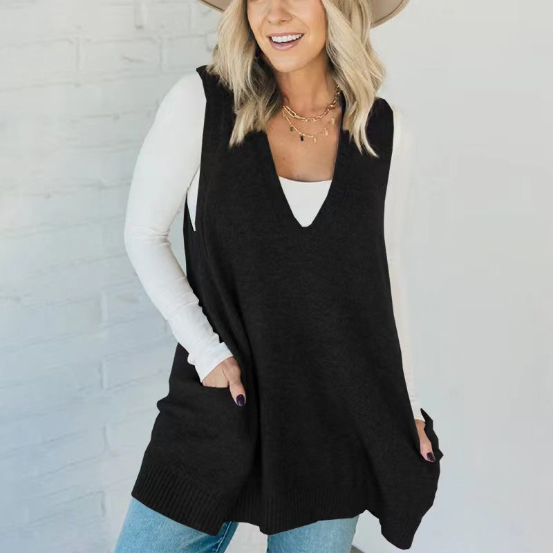 Trendy Classy Color Pocket Knitted Sleeveless Sweater