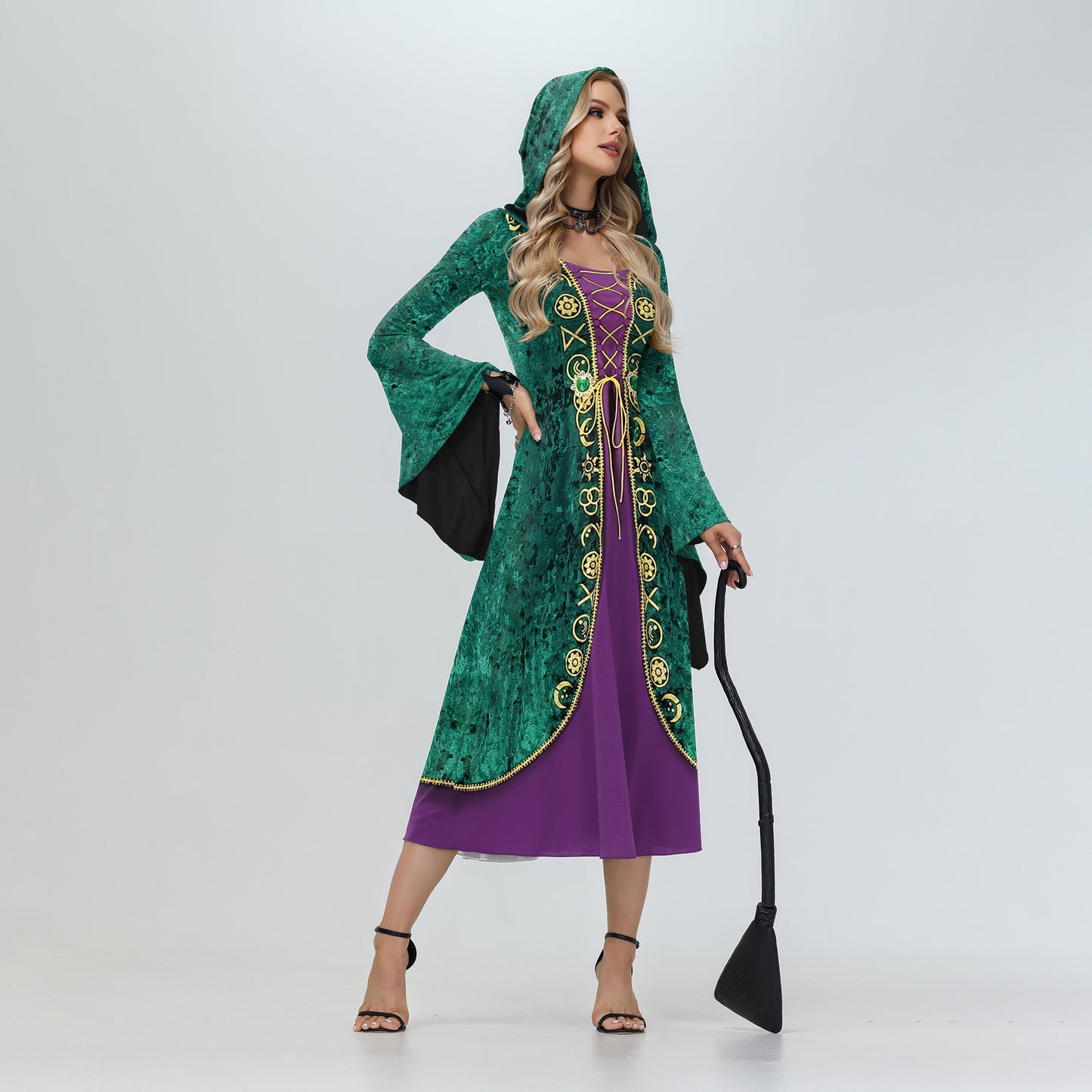 Women's Halloween Witch Also Crazy Hooded Bell Sleeve Digital Dress