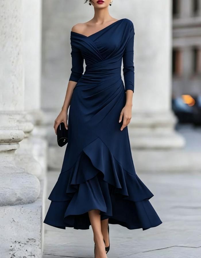 Women's Autumn Crimp Ruffled Long Sleeve Elegant Slim Dress