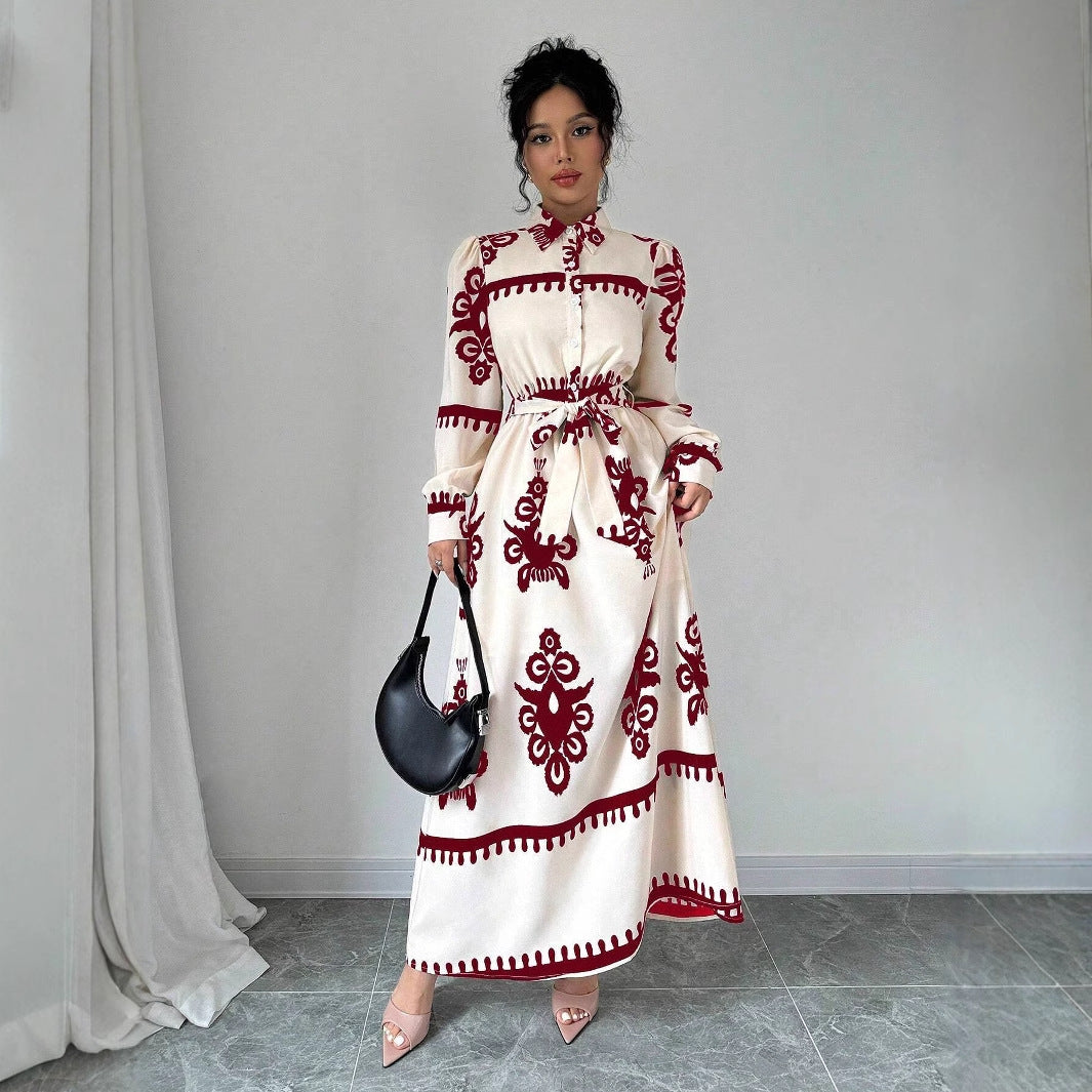 Printed Lace Up Shirt Long Sleeve Dress