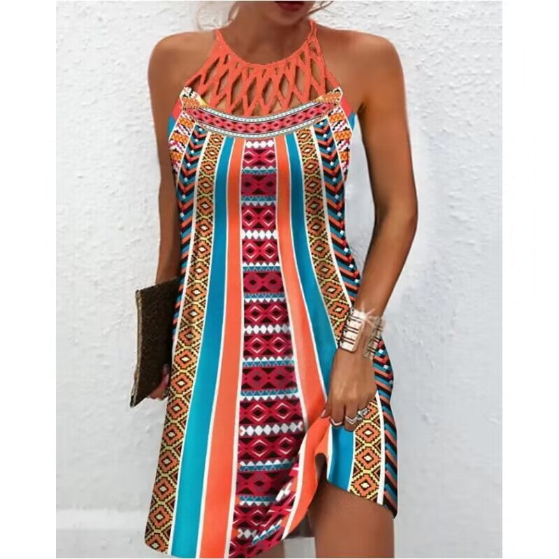 Women's Ethnic Style Positioning Printed Mesh Sleeveless Dress