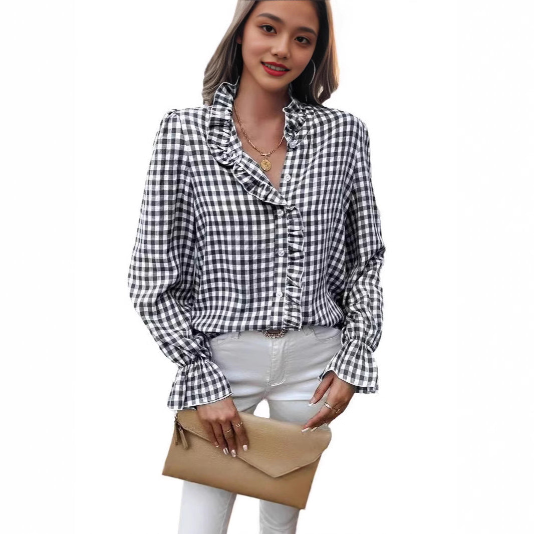 Women's Style Plaid Shirt With Wooden Ears Blouses