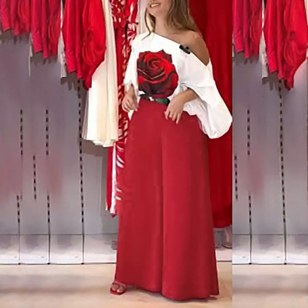 Pattern Lantern Sleeve Loose Off Shoulder Blouses