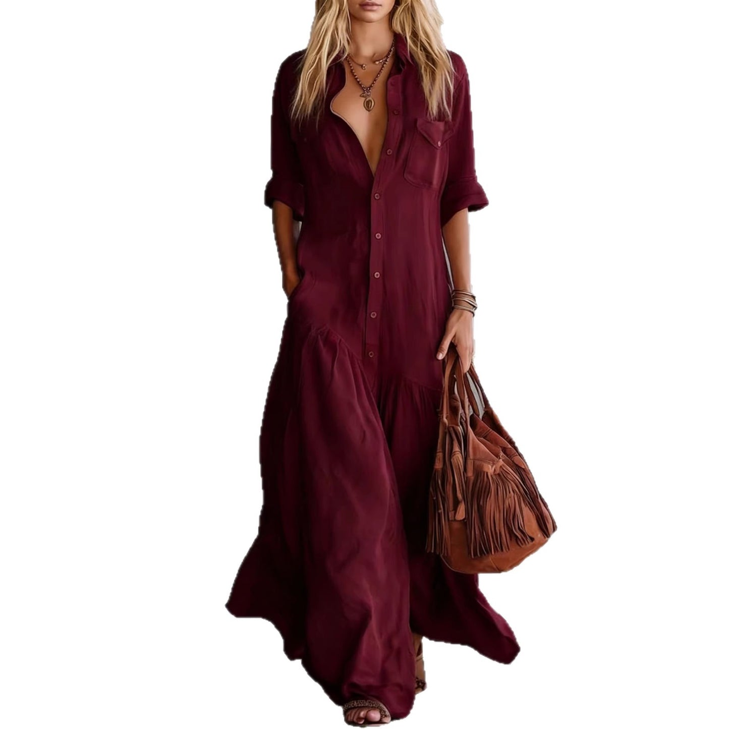 Long Shirt Collar Button Fashion Patchwork Dress
