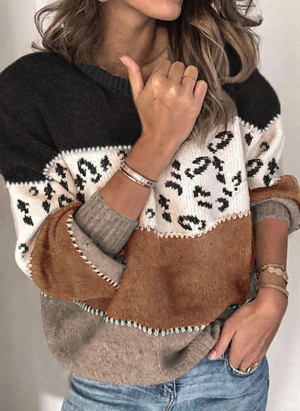 Spring Personality Leopard Splicing Fashionable Knitted Pullover Knitting Women's Sweater