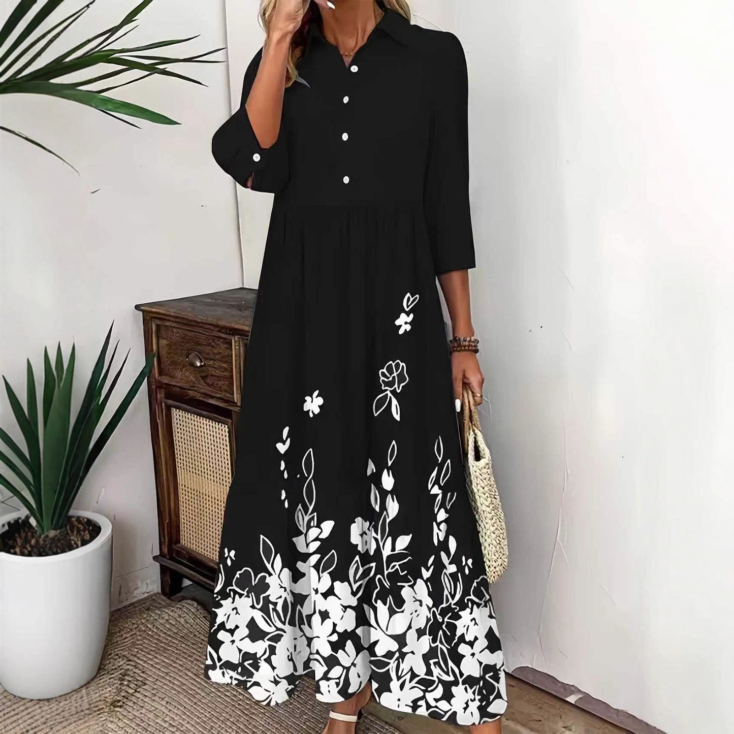 Women's Autumn Print Sleeve Buttons Loose Wear Dress
