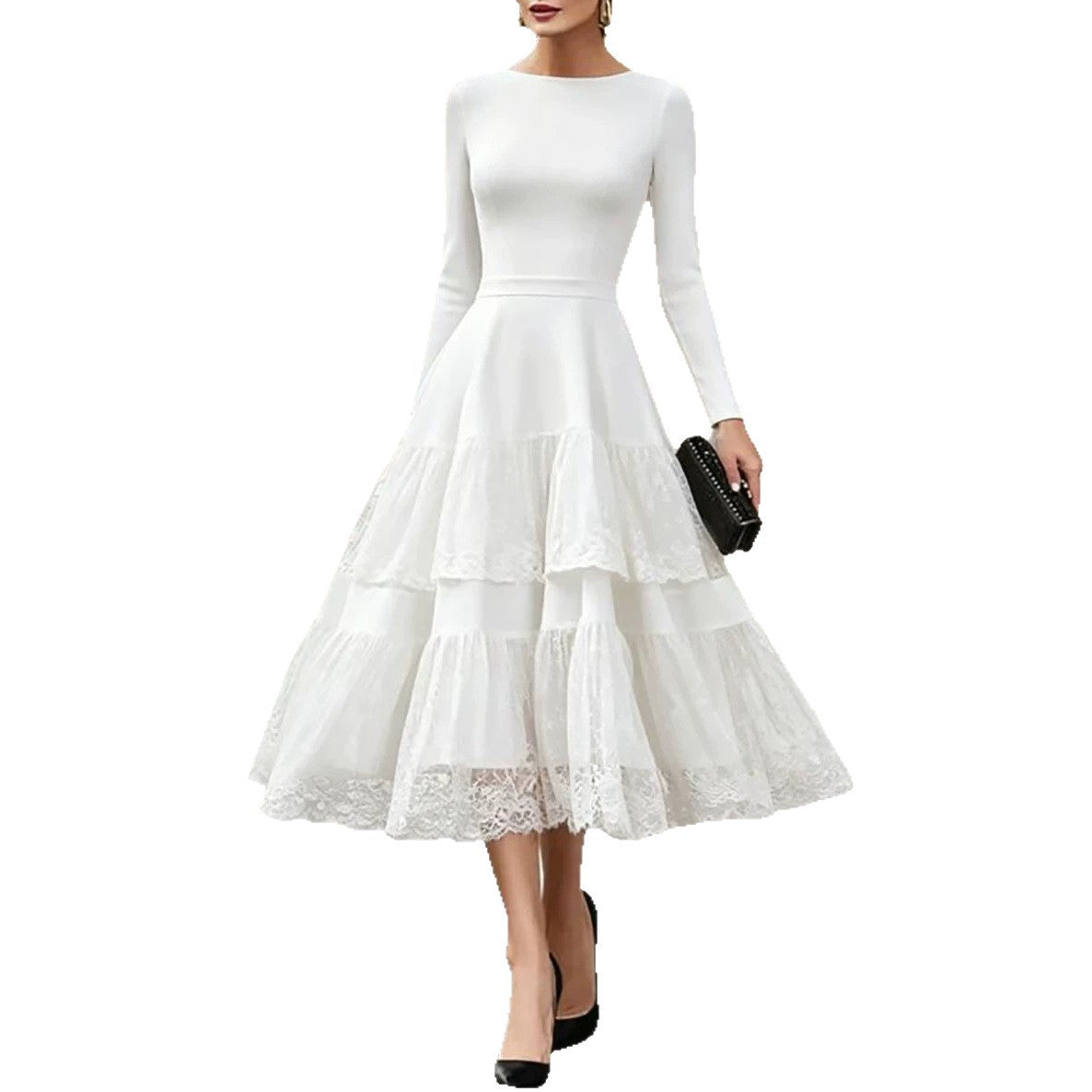 Women's French Style Elegant Hepburn Long Sleeve Mesh Stitching High-grade Dress