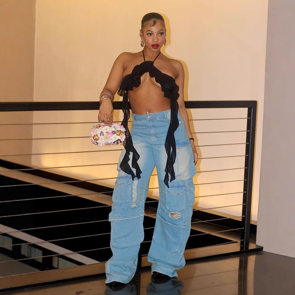 Women's Fashion Street Cut White Straight Loose Jeans