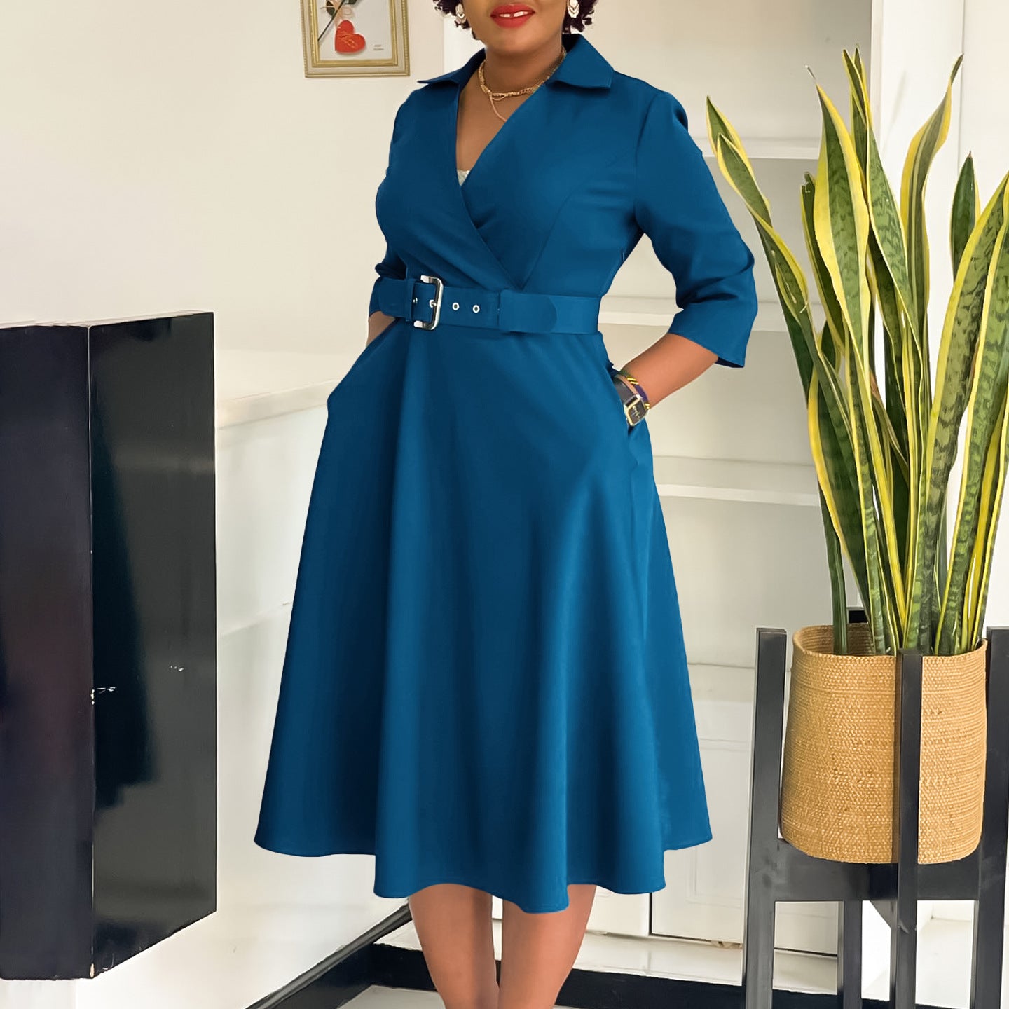 Women's Autumn Lapel Fashion Temperament Pure Color Big Dress
