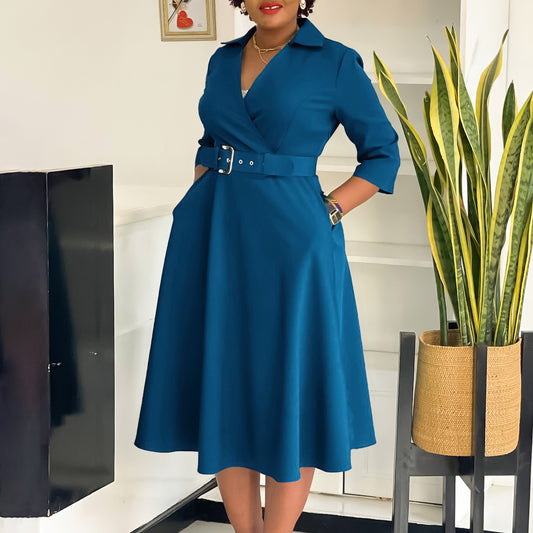Women's Autumn Lapel Fashion Temperament Pure Color Big Dress