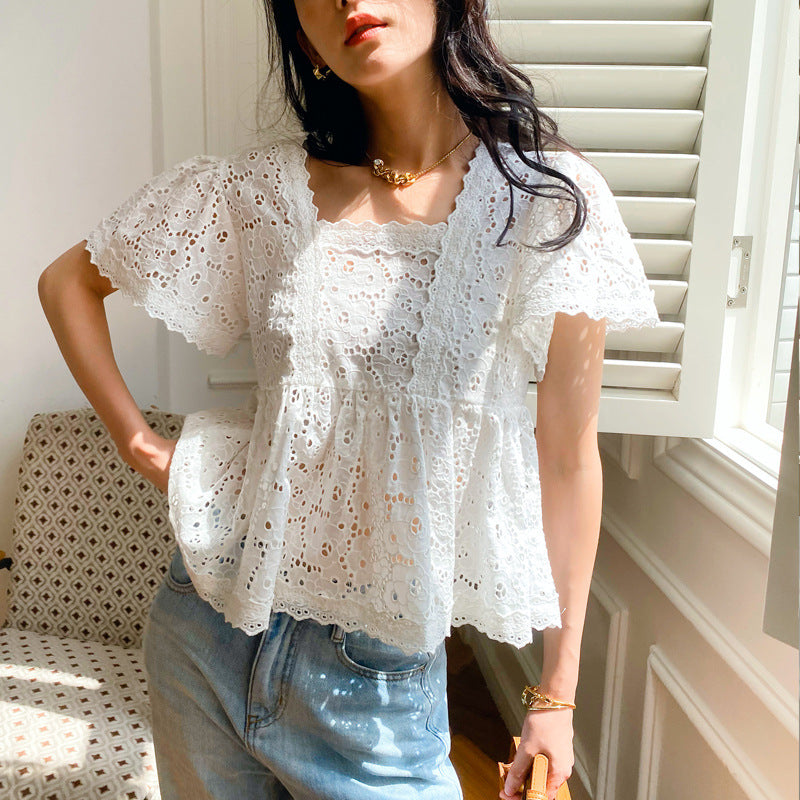 Women's Summer White French Style Design Square Collar Doll Blouses