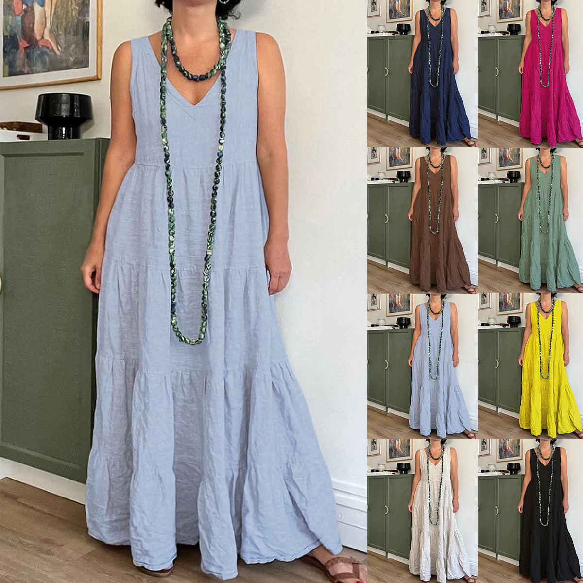 Women's Summer Solid Color Loose Cotton Linen Sleeveless Dress