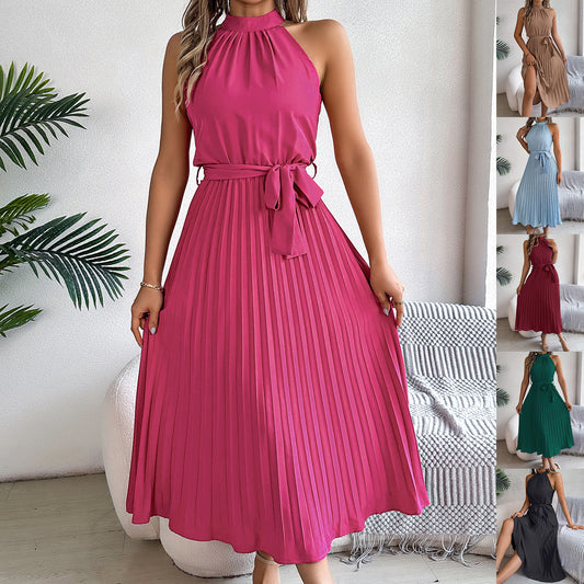 Women's Elegant Stand Collar Sleeveless Cinched Pleated Dress