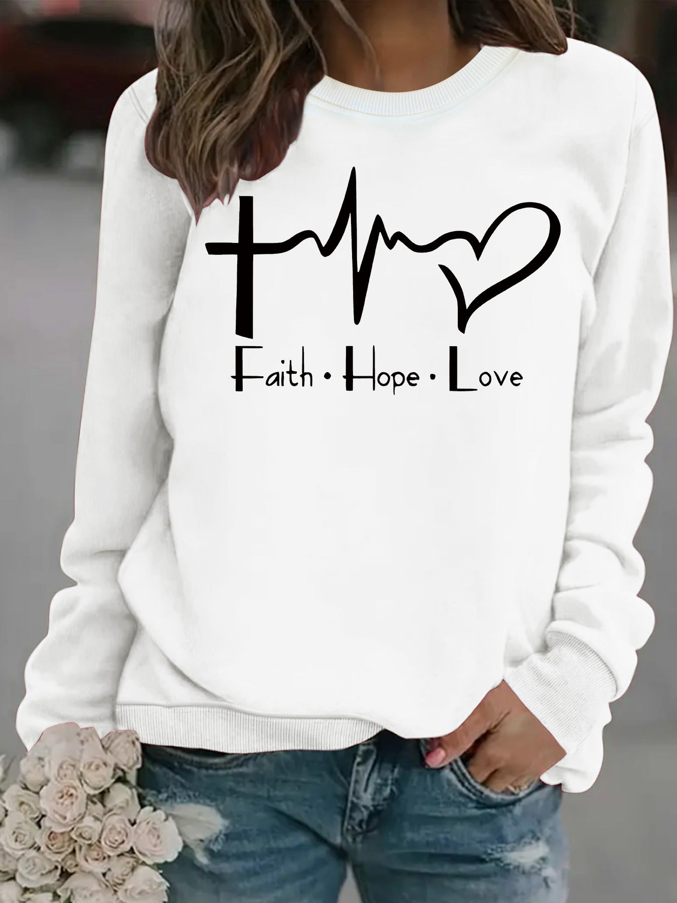 Women's Loose Casual Faith Hope Love Jump Printed Wear Round Neck Women's Sweater, Sweater