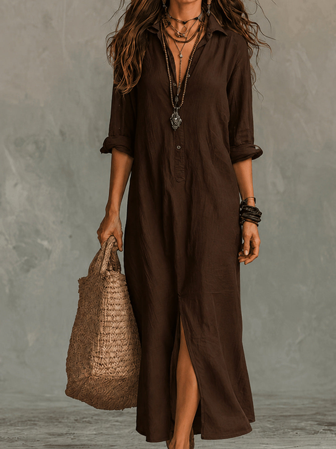 Loose Solid Color Polo Collar Front Rear Dress