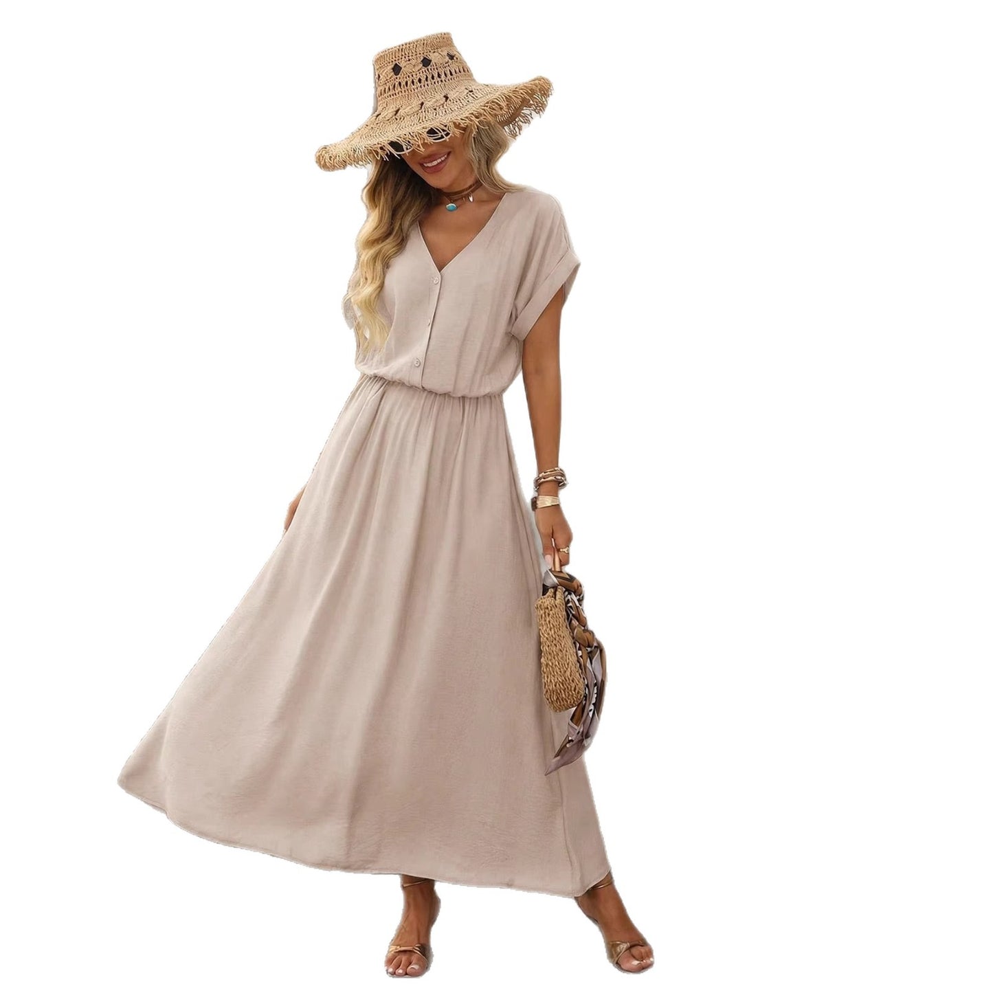 Women's Summer Solid Color Waist Tight Batwing Sleeve Dress