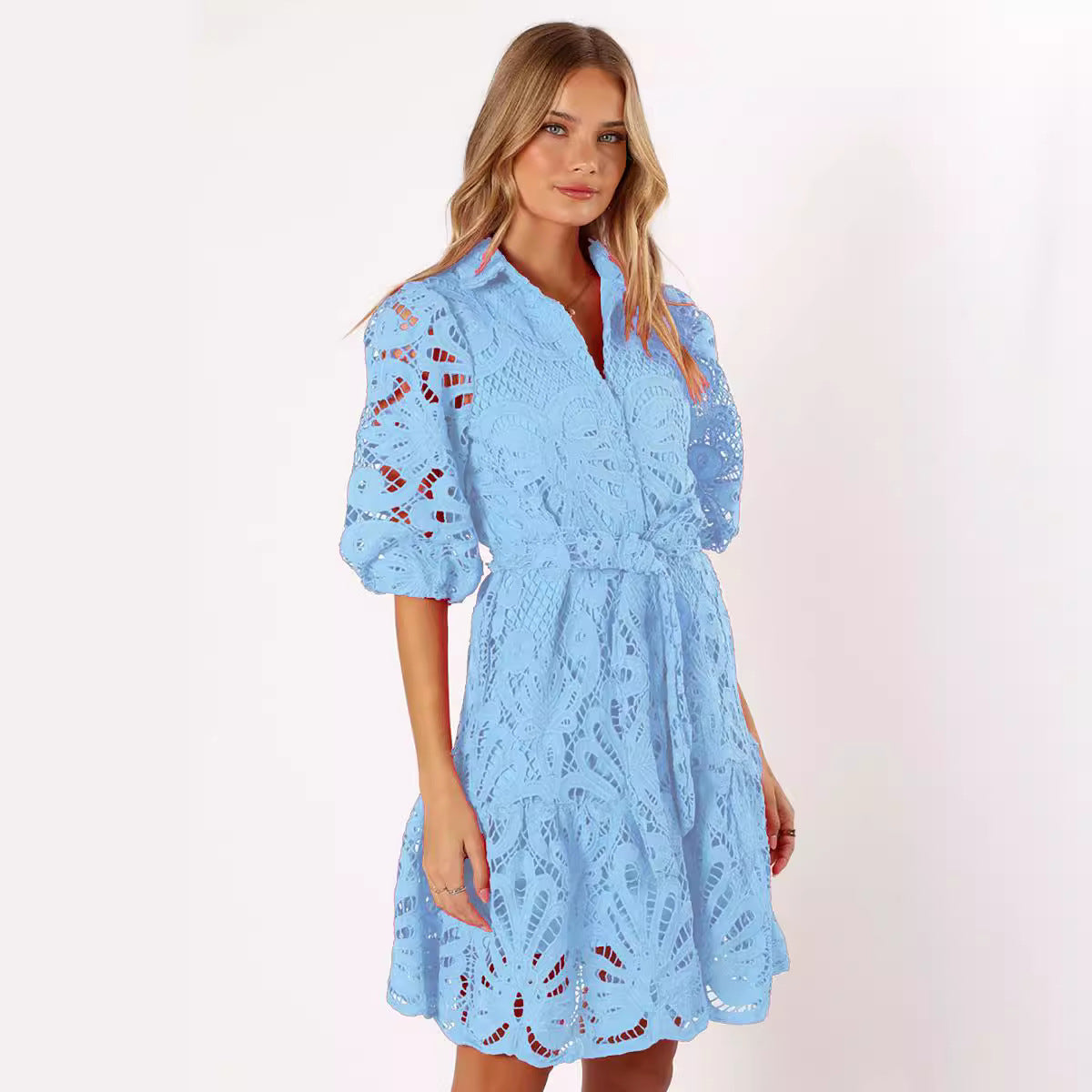 Soluble Lace Flower Half Sleeve Commuter Dresses