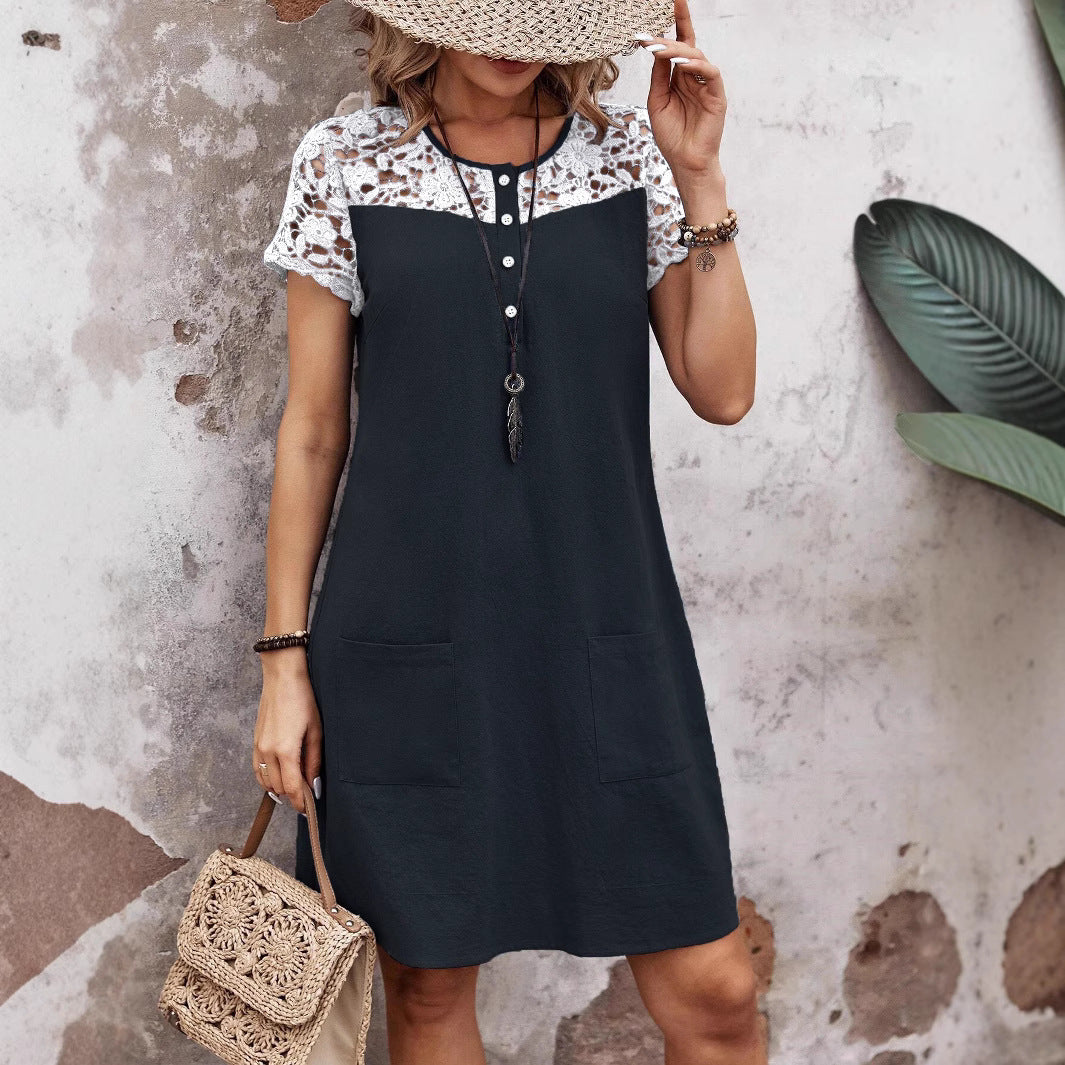 Women's Casual Loose Contrast Color Lace Patchwork Dress