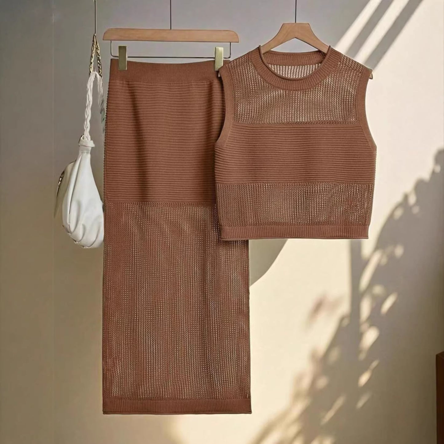 Hollow Sleeveless Summer Knitted Slit Two-piece Sweater