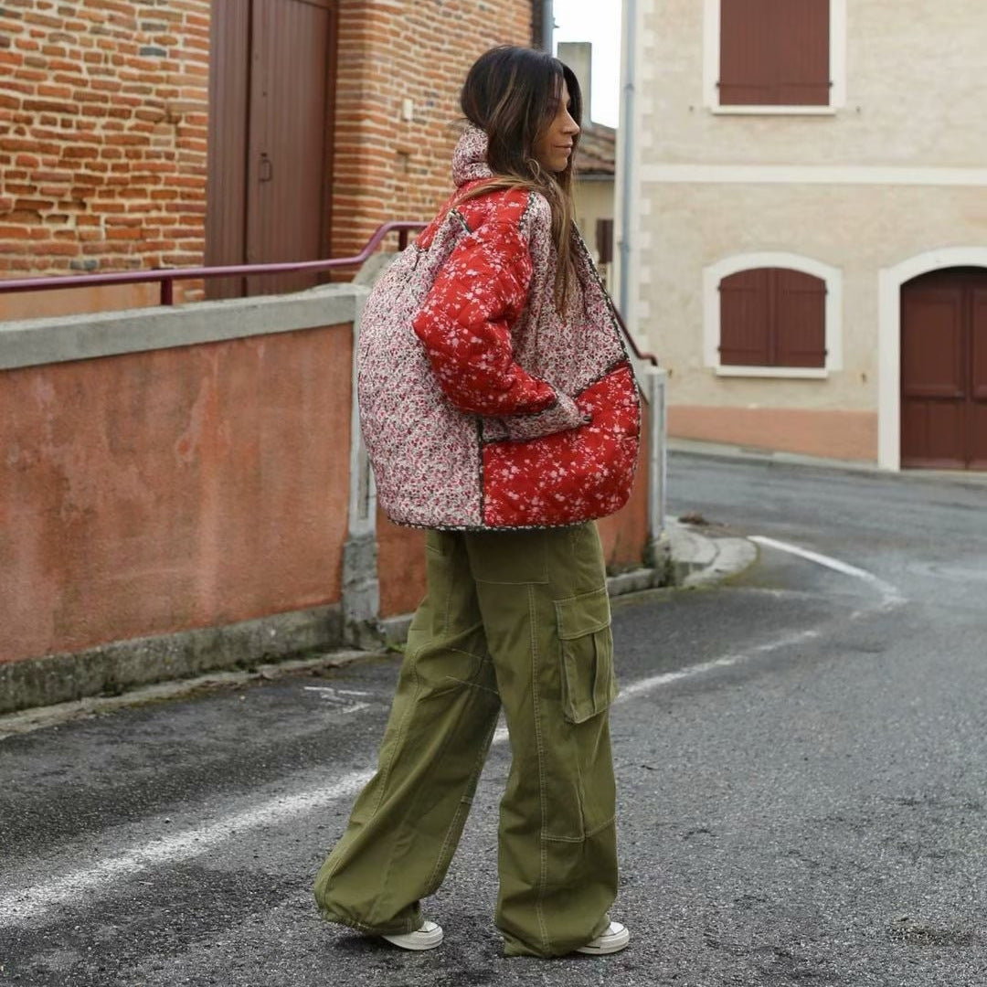 Women's Printing Lapel Contrast Color Casual Loose Coats