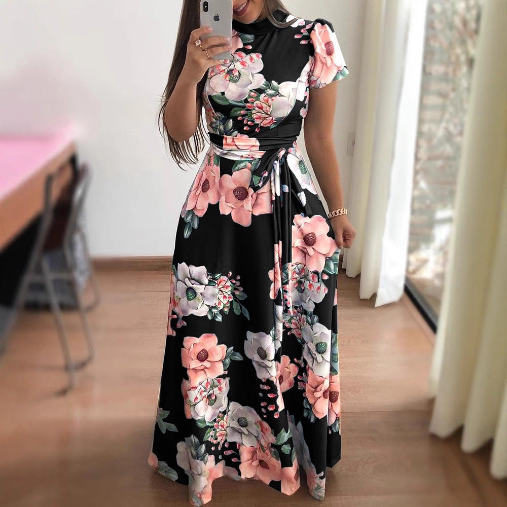 Women's Autumn Flower Print Sleeve Large Swing Dress
