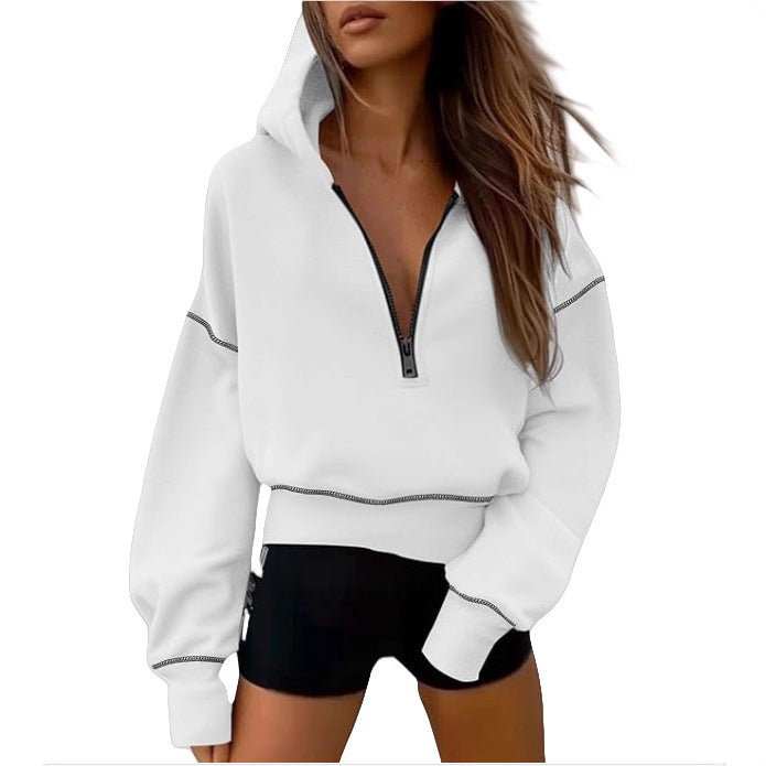Women's Half Zipper Ladies Hooded Long-sleeved Fashion Women's Sweater, Sweater