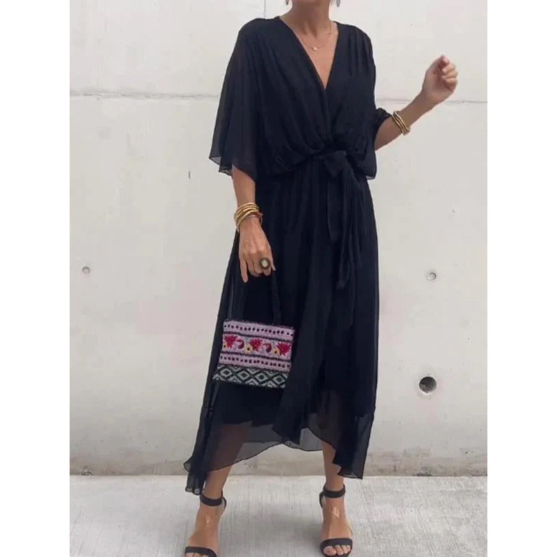 Women's Pure Color Tied Long Dress Batwing Plus Size