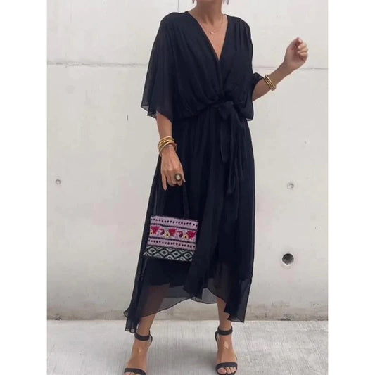 Women's Pure Color Tied Long Dress Batwing Plus Size