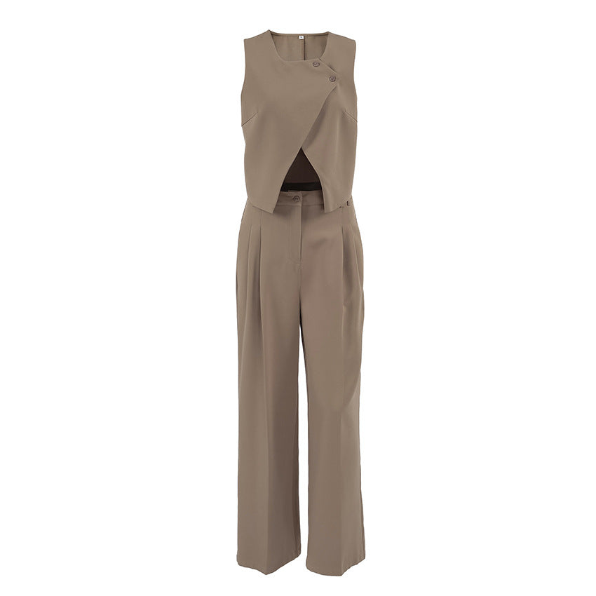 Women's Casual Khaki Fashion Elegant Sleeveless Trousers Suits