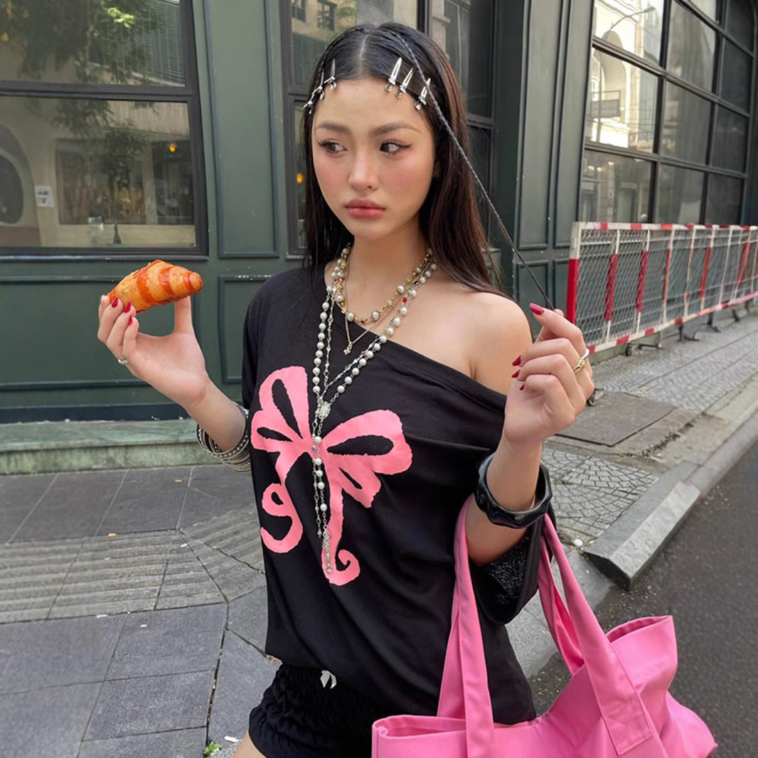 Women's Bow Print Diagonal Collar Sleeve For Sweet Cool Blouses
