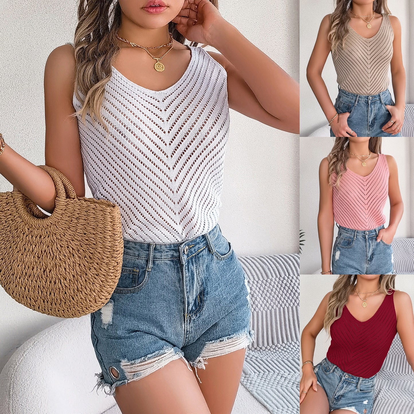 Women's Clearance Summer Solid Color Hollow Out Clothing