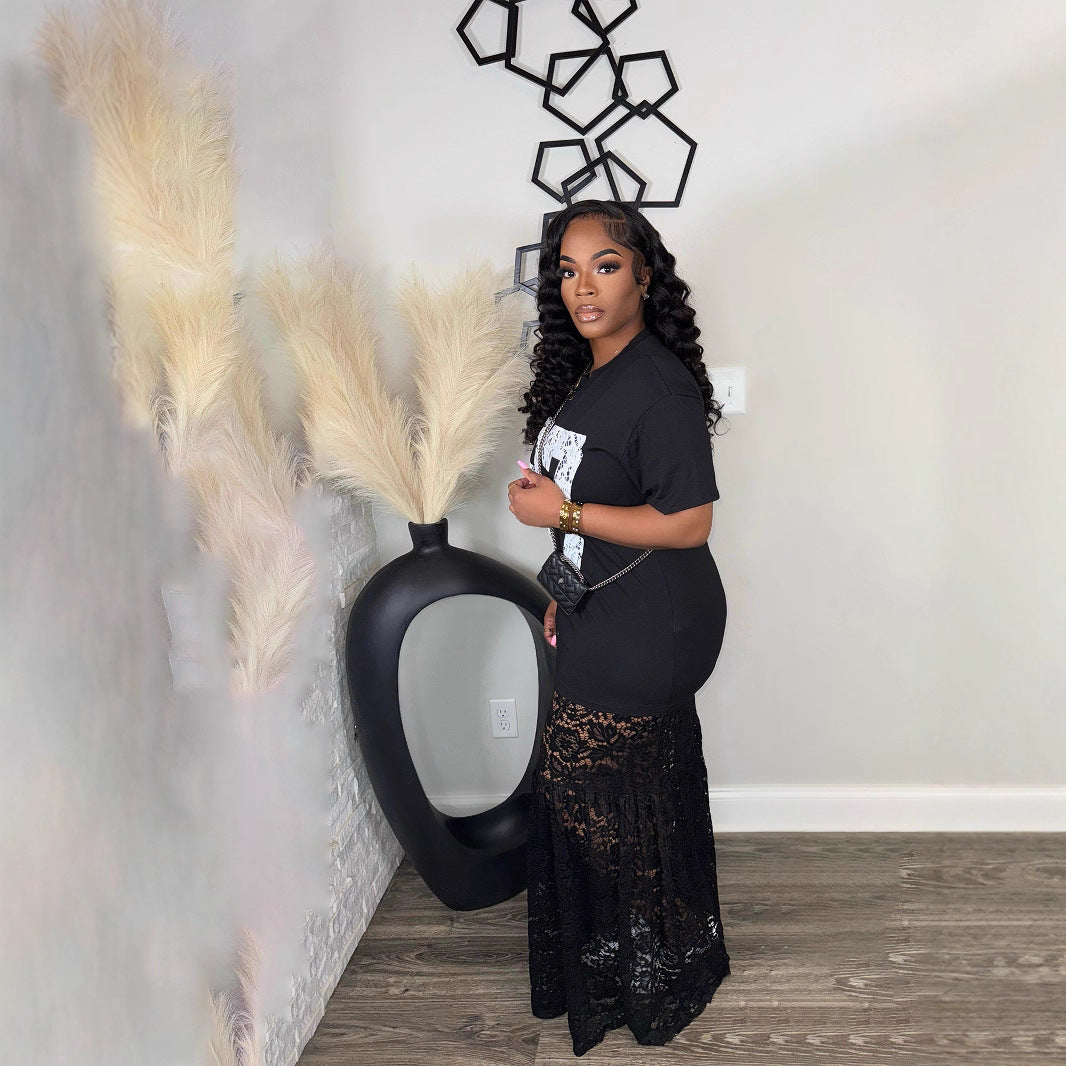 Women's Hot Niche Lace Dress Letter Print Dresses