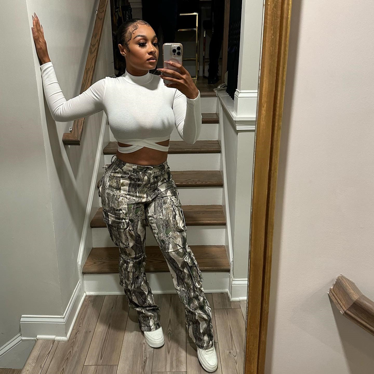 Hipster Stitched Camouflage Printed High Waist Contrast Pants