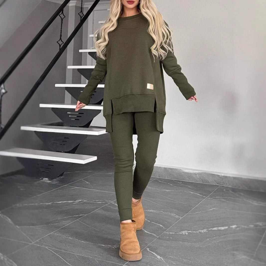 Women's Slit Long Sleeve Crew Neck Casual Suits
