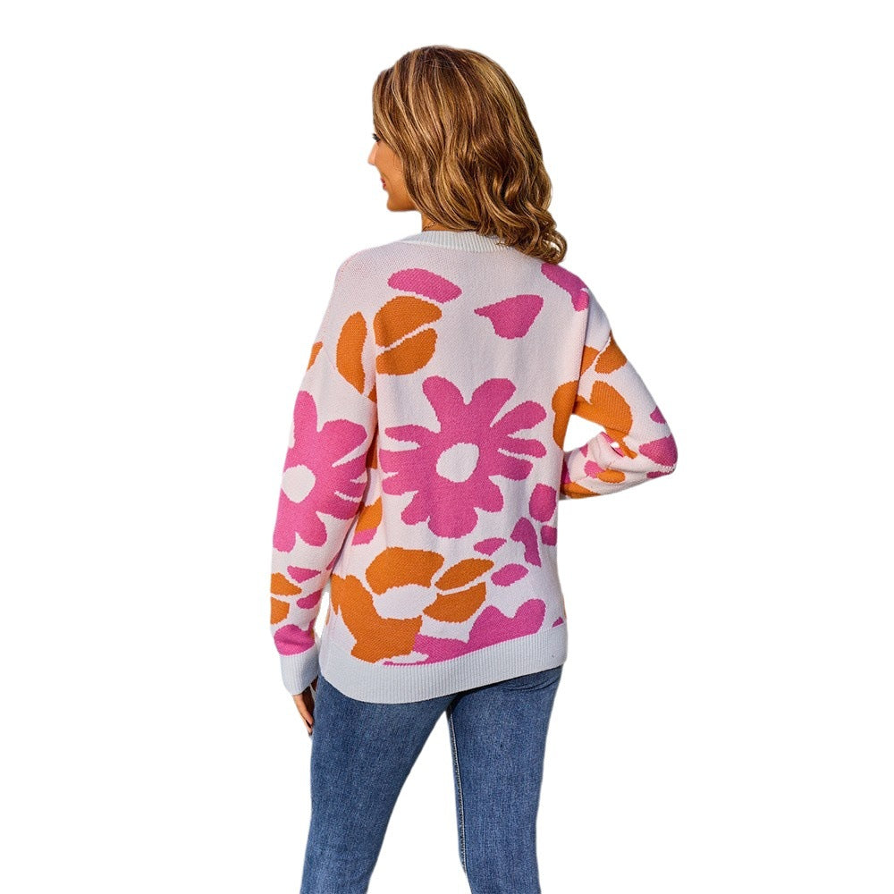 Women's Round Neck Pullover Casual Floral Printed Sweater
