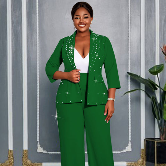 Women's Commuting Wear Turn-down Collar Green Beaded Suits