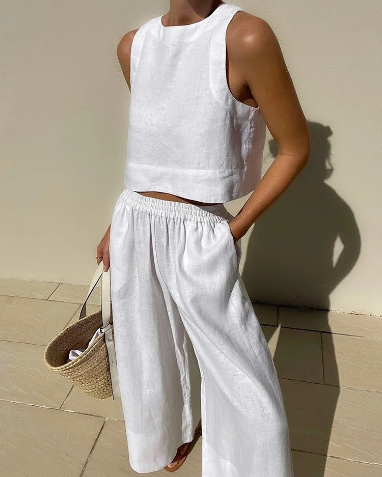 Loose Solid Color Sleeveless Shirt Trousers Fashion Casual Suit