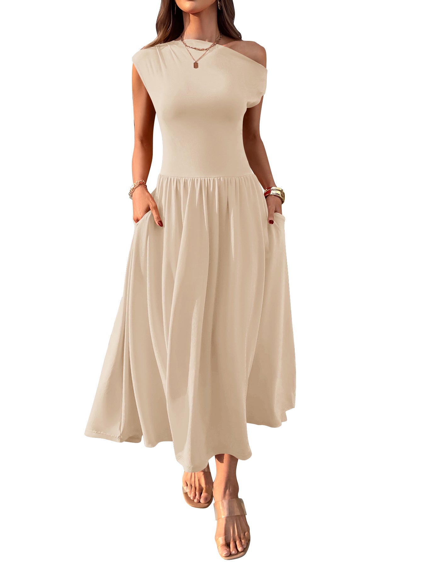 Shoulder Sexy Waist Trimming Solid Color Long Dresses