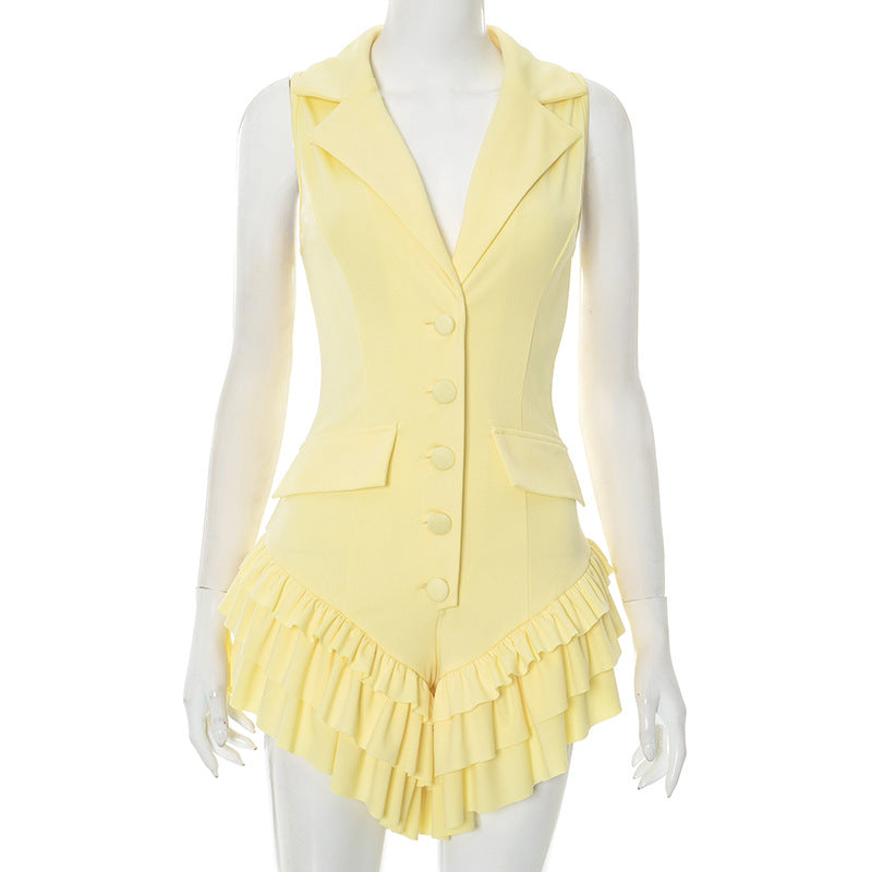 Women's Pure Desire Lapel Button Deep Sleeveless Shorts