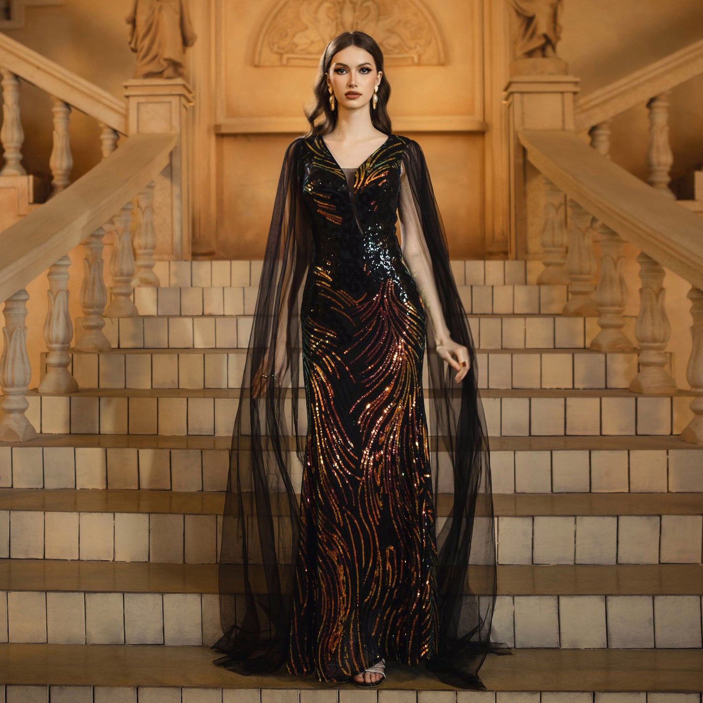 Women's High-grade Long-sleeved Waist Sequin Gauze Banquet Dresses