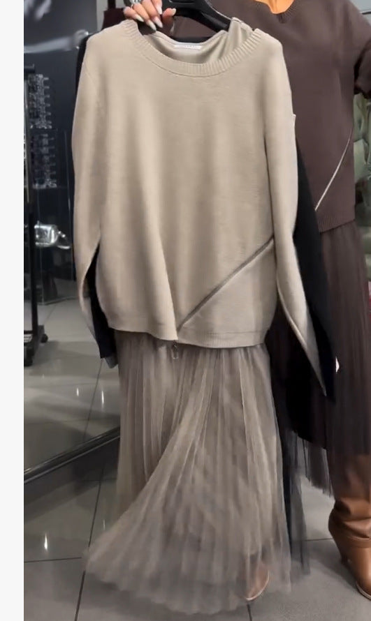 Women's Neck Knitting Needle Stitching Mesh Dress Dresses