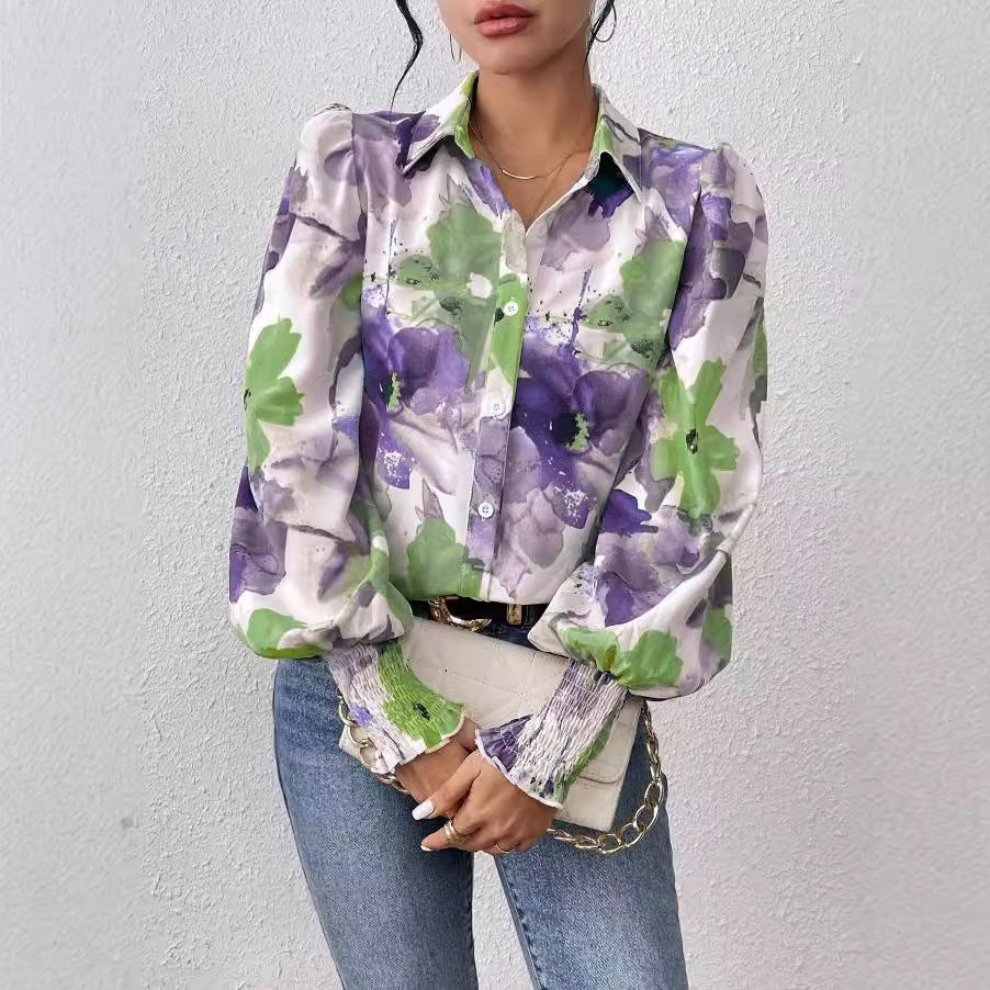 Women's Lapel Bubble Long Sleeve Loose Printed Blouses