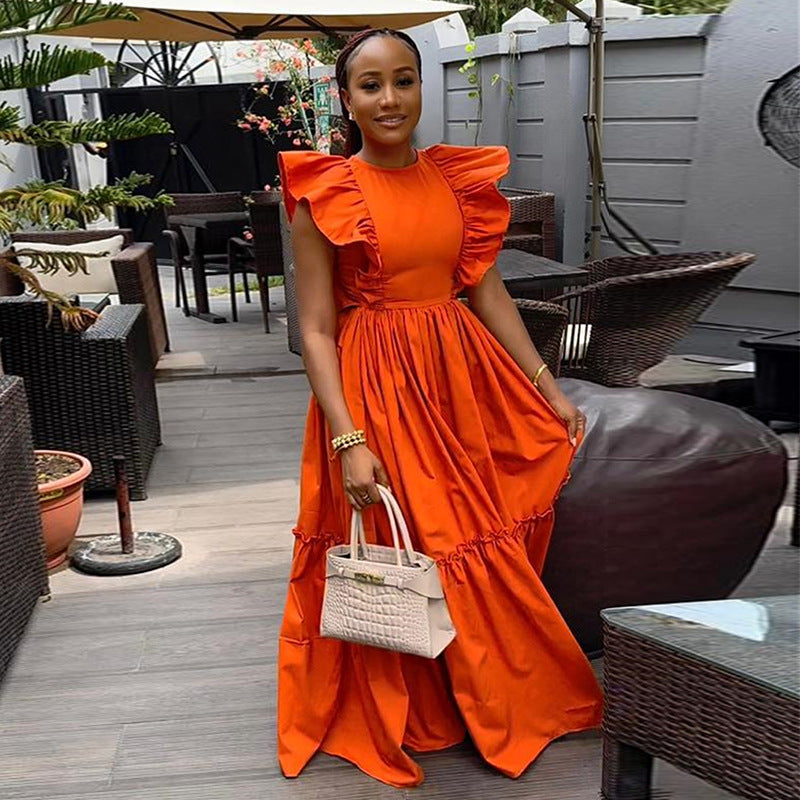 Women's Ruffle Sleeve Round Neck Waist Trimming Long Dresses