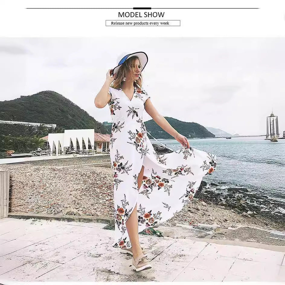 Bohemian Printed Bubble Chiffon Maxi Seaside Beach Dress