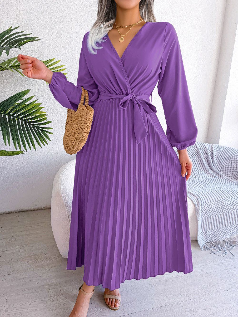 Women's Elegant Cross Swing Pleated Maxi Dress Dresses