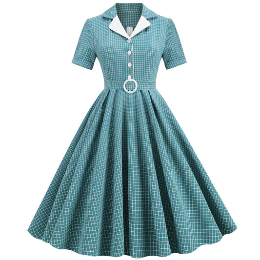 Women's Plaid Slim Fit Large Swing Midi Dresses