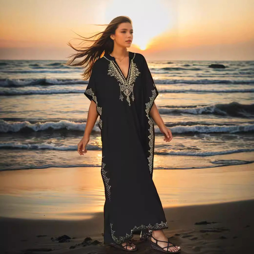 Women's Rayon Embroidered Slit Beach Vacation Robe Dresses