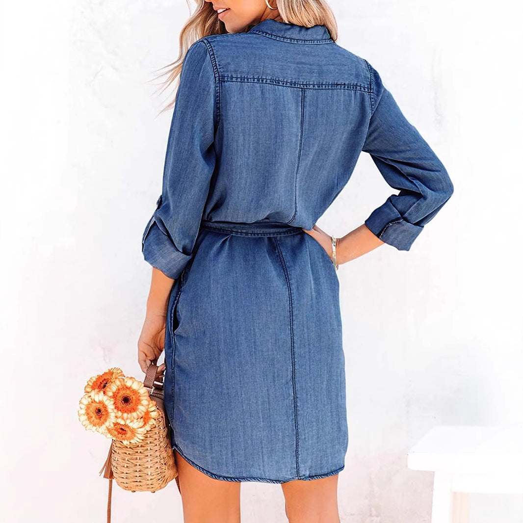 Women's Casual Polo Collar Long Sleeve Clinch Dresses