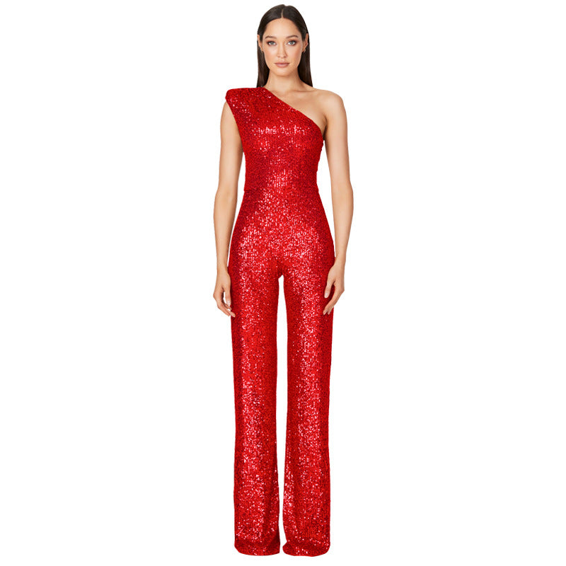 Women's Fashion Sleeveless One Shoulder Backless Sequined Jumpsuits